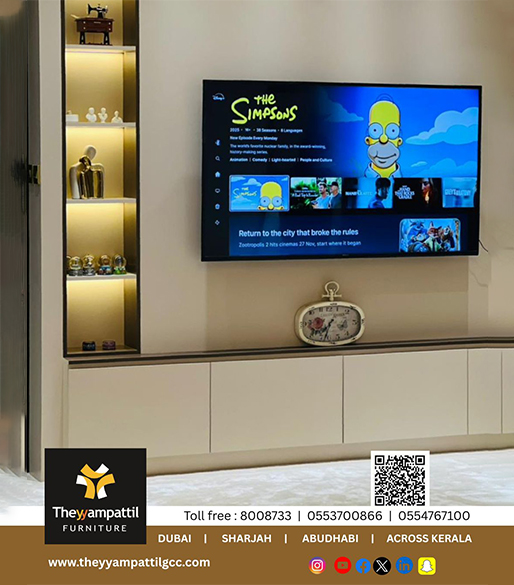 Stylish TV wall panel with floating wooden console and warm backlighting