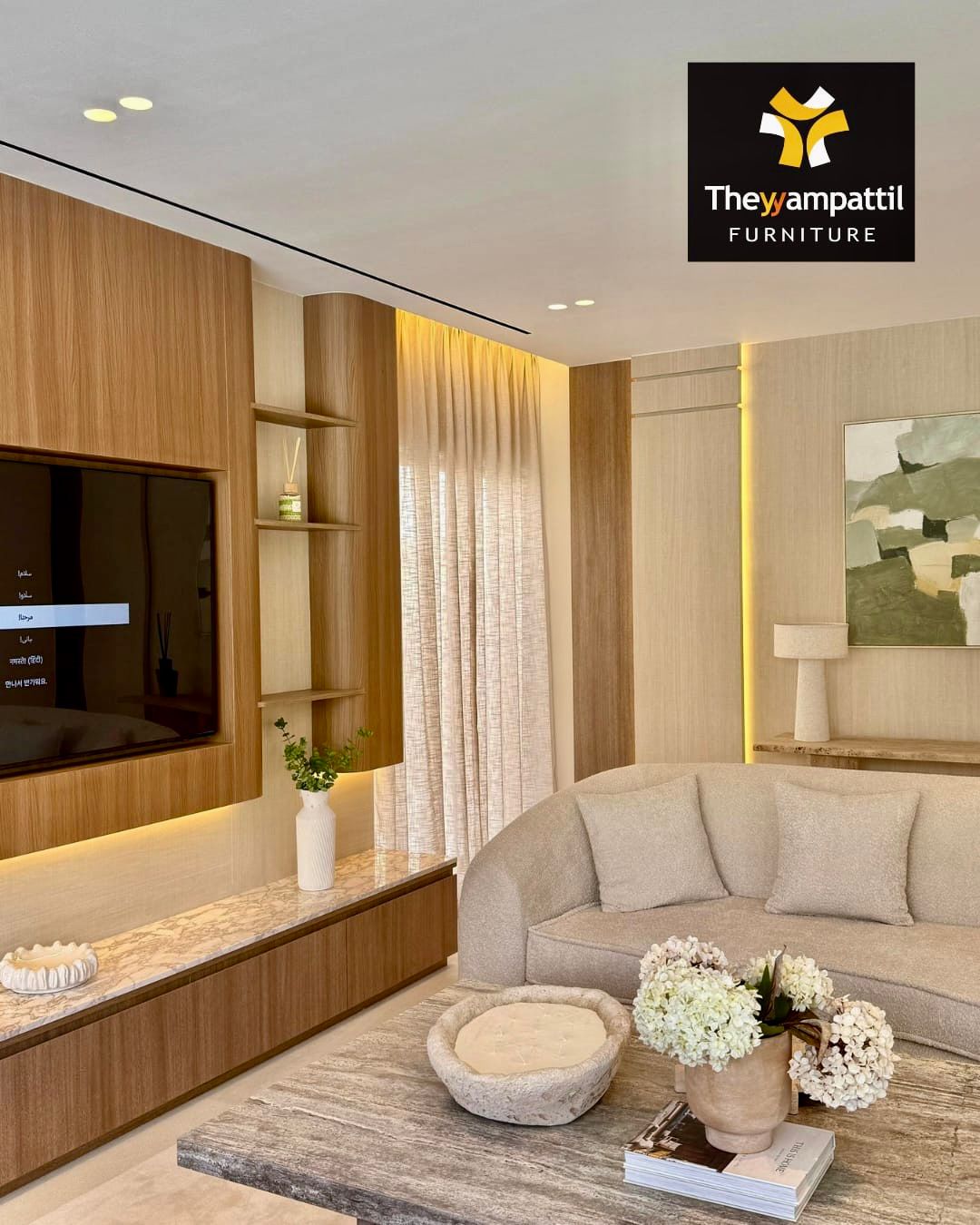 Stylish TV wall panel with floating wooden console and warm backlighting