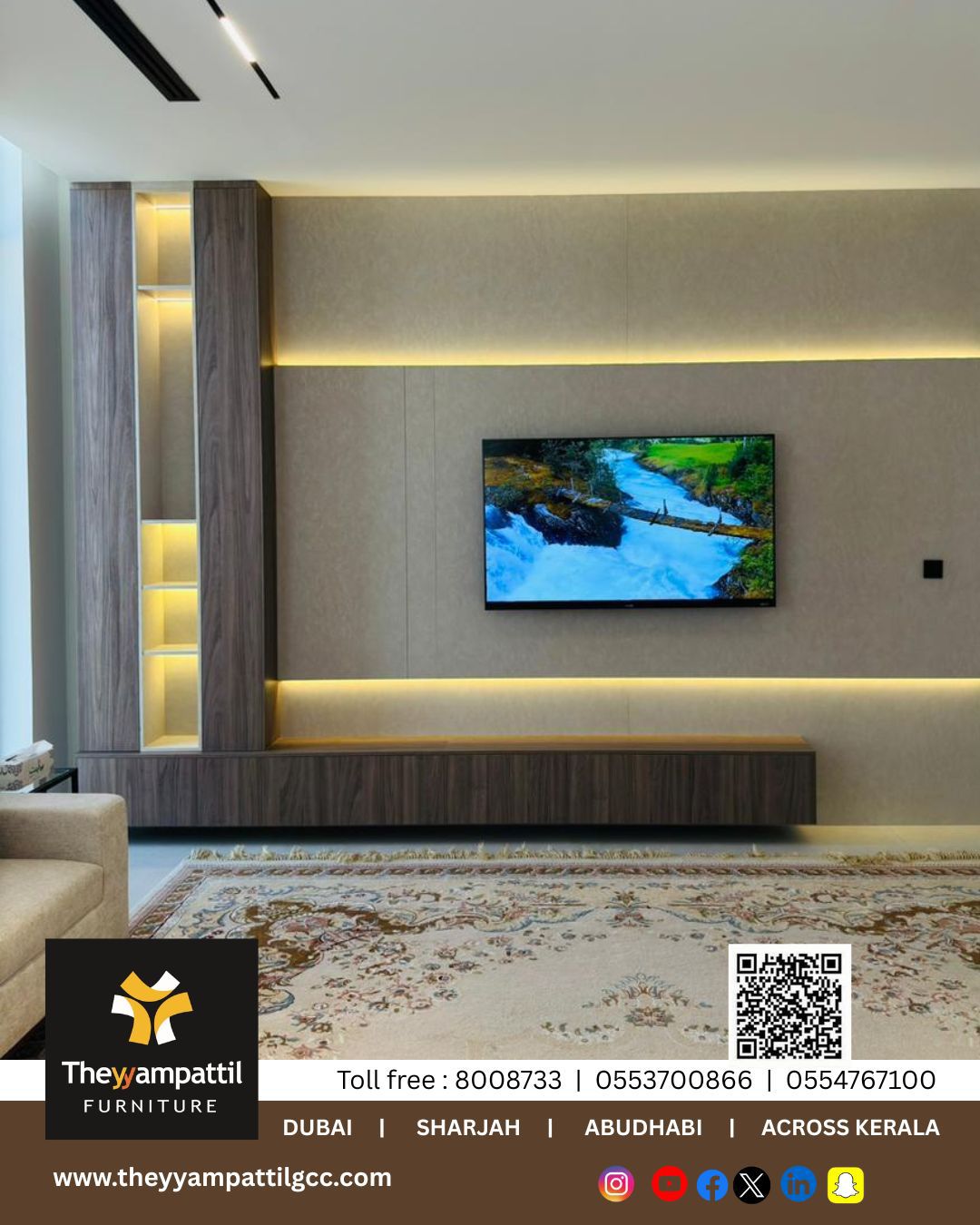 Stylish TV wall panel with floating wooden console and warm backlighting